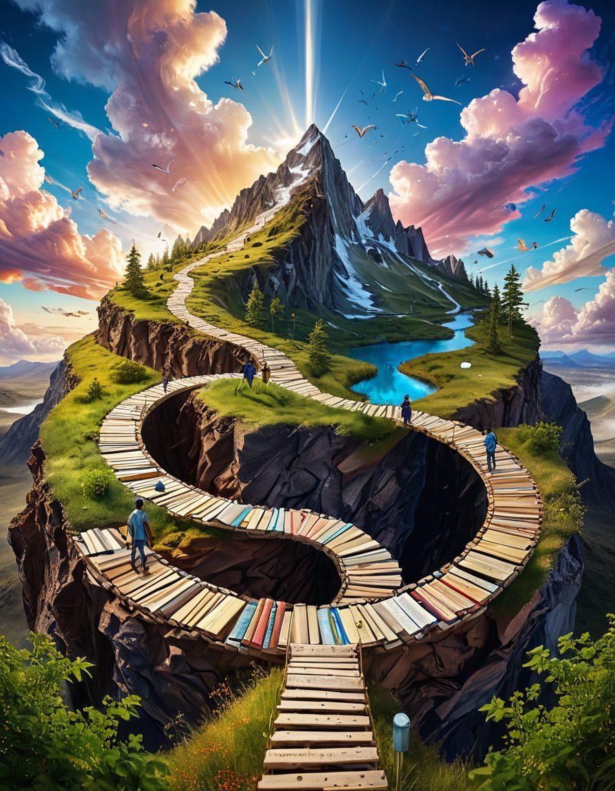 A vast, colorful landscape representing the blogosphere, featuring winding paths made of books and digital screens, showcasing diverse bloggers sharing insights. A bright compass in the center symbolizes guidance, with various resources like tools and gadgets scattered around. The sky is filled with vibrant clouds of ideas and thoughts. super-realistic. vibrant colors. digital art.