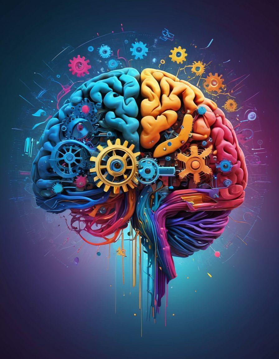 An abstract representation of a brain made up of colorful data streams and charts, symbolizing the transformation of raw information into engaging content. Include elements like gears and gears to signify processing and creativity, surrounded by engaging visual metaphors like light bulbs and pen tools. The background should be a blend of vibrant colors to capture attention. super-realistic. vibrant colors. digital art.