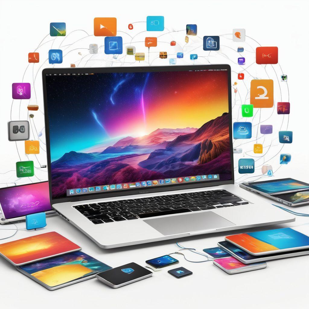 A vibrant digital landscape filled with an array of open laptops and screens displaying various blog interfaces, surrounded by colorful icons symbolizing resources like books, videos, and podcasts, with abstract bookmark motifs floating in the background. The scene should convey a sense of connection and discovery. super-realistic. vibrant colors. white background.